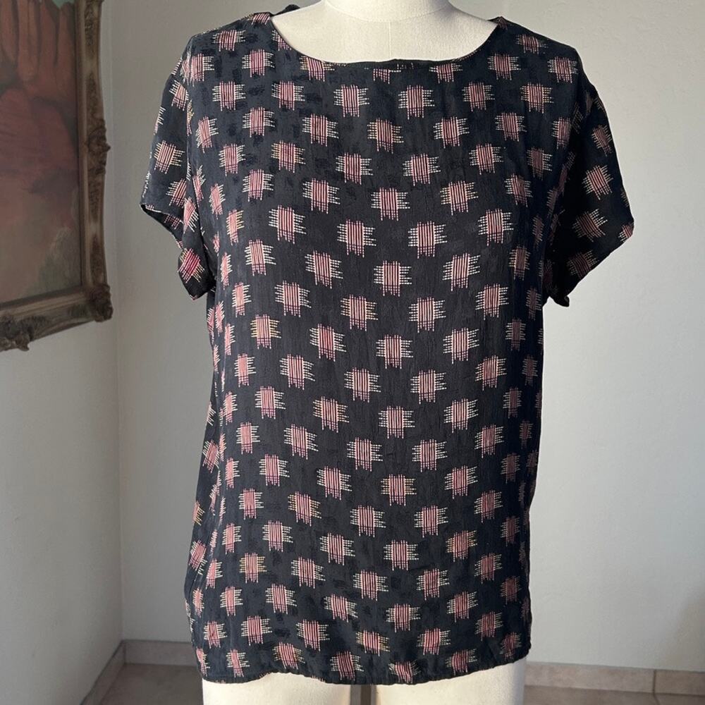 Silk Shell Top Black Pink Geometric Print Minimalist Office Blouse M Anne Klein
